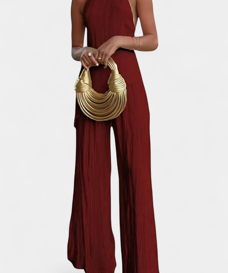 Pilarica Halter Neck Asymmetrical Top with Wide-Leg Pants Set