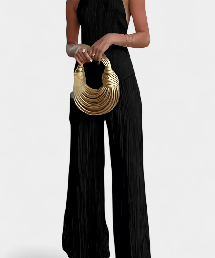 Pilarica Halter Neck Asymmetrical Top with Wide-Leg Pants Set