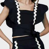 Fabiana Fitted Top with Ruffled Sleeves and Wavy Accents
