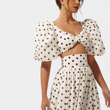Sherine Polka Dot Ensemble: Puff Sleeve Top with Front Slit Skirt