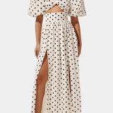 Sherine Polka Dot Ensemble: Puff Sleeve Top with Front Slit Skirt