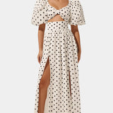 Sherine Polka Dot Ensemble: Puff Sleeve Top with Front Slit Skirt