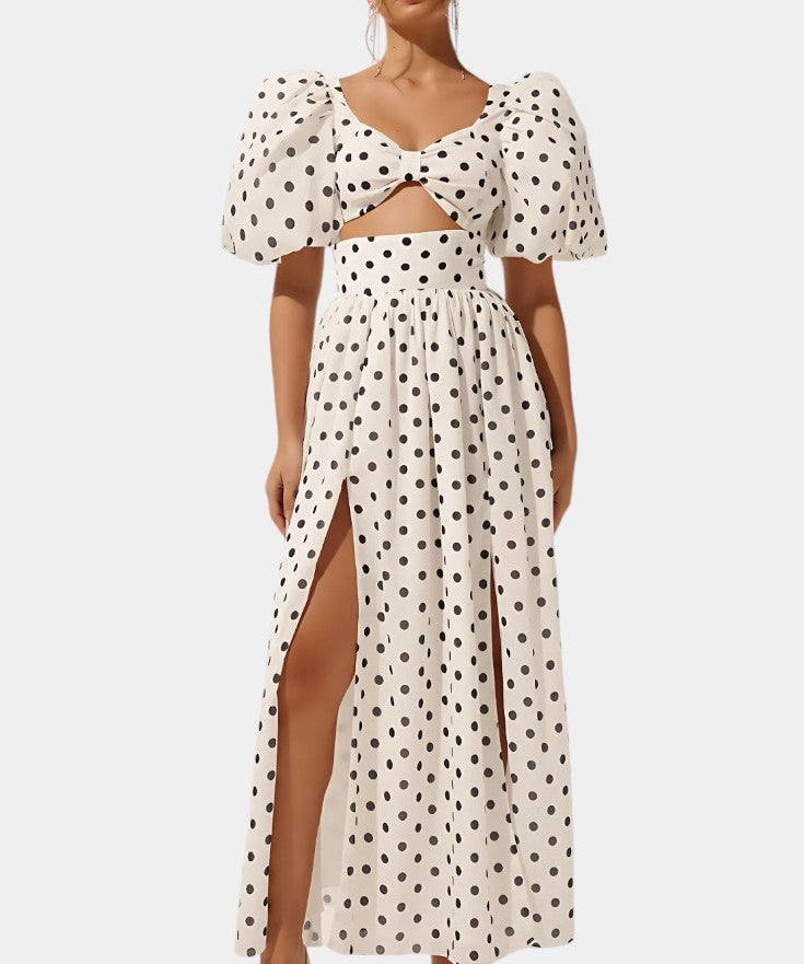Sherine Polka Dot Ensemble: Puff Sleeve Top with Front Slit Skirt