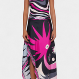 Ciana Halter Top and A-Line Skirt Set in Black and Pink Abstract Design