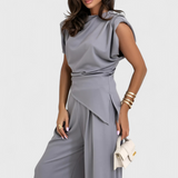 Sofia Asymmetrical Set with Draped Shoulders and Flared Pants