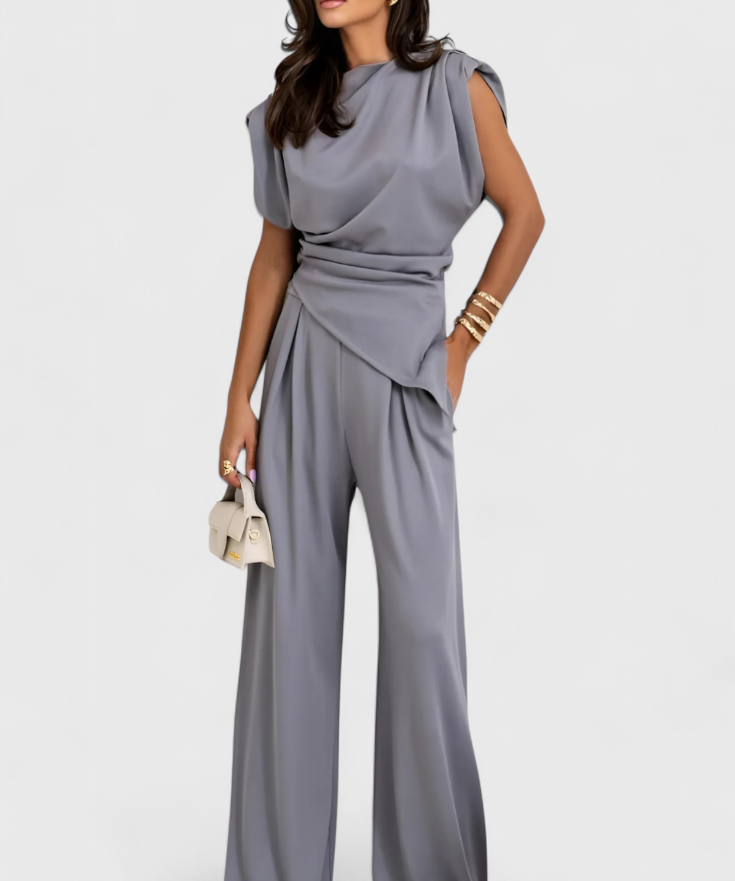 Sofia Asymmetrical Set with Draped Shoulders and Flared Pants