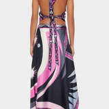 Ciana Halter Top and A-Line Skirt Set in Black and Pink Abstract Design