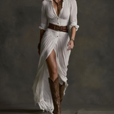 Aurora | Long Linen Dress with Inverted Collar