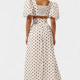 Sherine Polka Dot Ensemble: Puff Sleeve Top with Front Slit Skirt