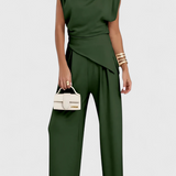 Sofia Asymmetrical Set with Draped Shoulders and Flared Pants