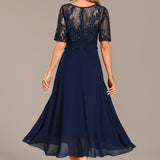 Sophie | Navy Lace Short Sleeve Round Neck Midi Dress