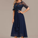 Sophie | Navy Lace Short Sleeve Round Neck Midi Dress