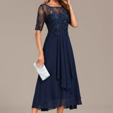 Sophie | Navy Lace Short Sleeve Round Neck Midi Dress
