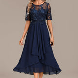 Sophie | Navy Lace Short Sleeve Round Neck Midi Dress
