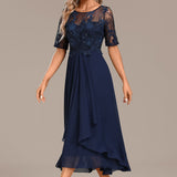 Sophie | Navy Lace Short Sleeve Round Neck Midi Dress