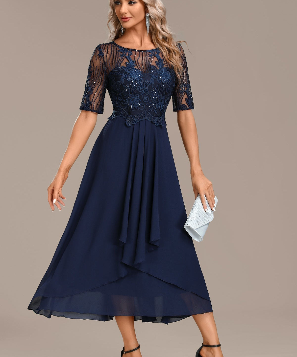 Sophie | Navy Lace Short Sleeve Round Neck Midi Dress