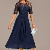 Sophie | Navy Lace Short Sleeve Round Neck Midi Dress