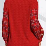Ida | Red Knit Sweater with Checkered Sleeves