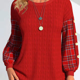 Ida | Red Knit Sweater with Checkered Sleeves