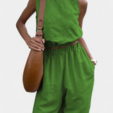 Portia Sleeveless Cotton-Linen Set with Wide-Leg Trousers