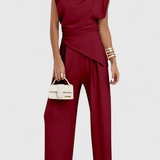 Sofia Asymmetrical Set with Draped Shoulders and Flared Pants
