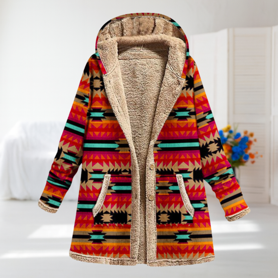 Savannah | Orange Aztec Hooded Fleece Coat