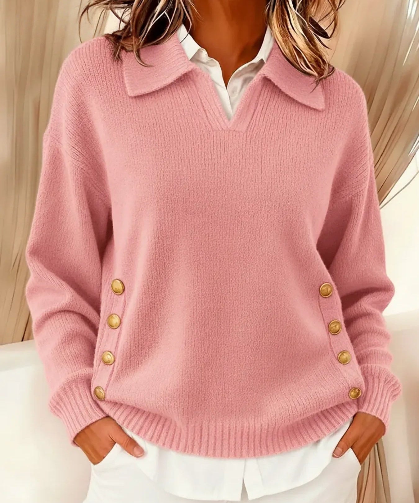Barbara | Polo Collar Sweater with Gold Buttons