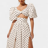 Sherine Polka Dot Ensemble: Puff Sleeve Top with Front Slit Skirt