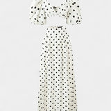 Sherine Polka Dot Ensemble: Puff Sleeve Top with Front Slit Skirt