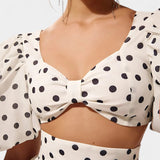 Sherine Polka Dot Ensemble: Puff Sleeve Top with Front Slit Skirt