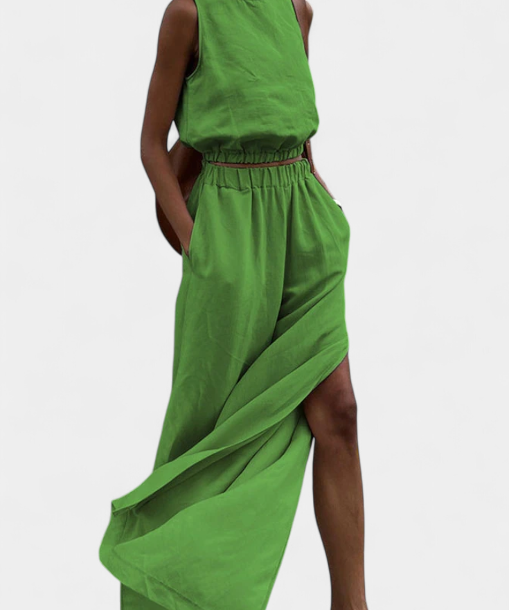 Portia Sleeveless Cotton-Linen Set with Wide-Leg Trousers