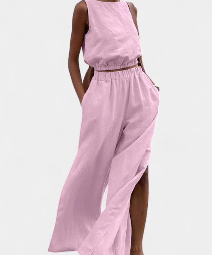 Portia Sleeveless Cotton-Linen Set with Wide-Leg Trousers