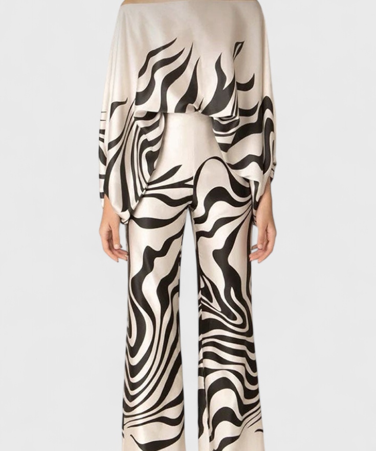 Artistic Print Off-the-Shoulder Top and Wide-Leg Pants Set by Sybella
