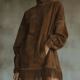 Gabriela | Suede Dress with High Neck and Fringe