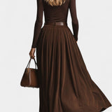 Fabia Dark Brown Turtleneck Ensemble with Corduroy Skirt