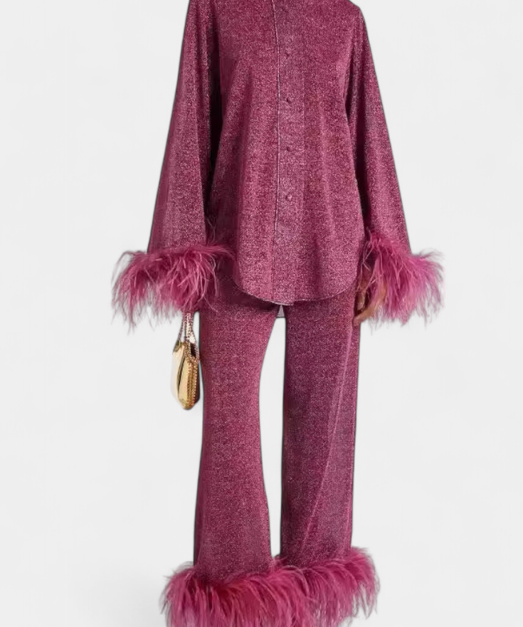 Polina Long Sleeve Blouse & Casual Pants Set with Feather Necklace
