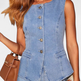 Ludovica Denim Set: Fitted Sleeveless Jacket & Wide-Leg Jeans
