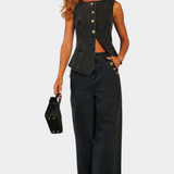 Ludovica Denim Set: Fitted Sleeveless Jacket & Wide-Leg Jeans