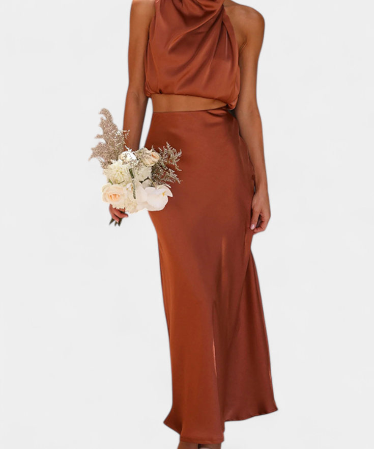 Hanna Two-Piece Draped Halter Neck Set with Open Back Design
