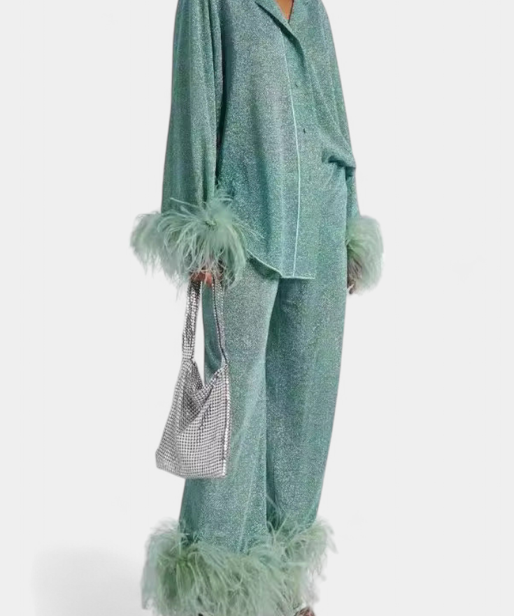 Polina Long Sleeve Blouse & Casual Pants Set with Feather Necklace