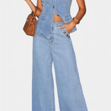 Ludovica Denim Set: Fitted Sleeveless Jacket & Wide-Leg Jeans
