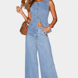 Ludovica Denim Set: Fitted Sleeveless Jacket & Wide-Leg Jeans