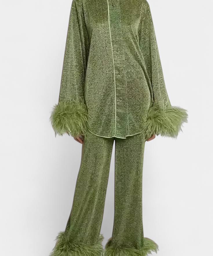 Polina Long Sleeve Blouse & Casual Pants Set with Feather Necklace