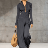 Azélina Dark Gray Set Featuring High Collar and Wide-Leg Trousers