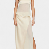 Fjorela Satin Bustier Set with Structured Design and Asymmetrical Midi Skirt