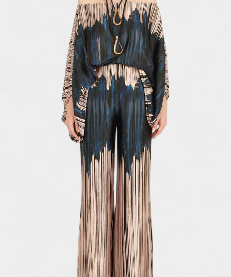 Artistic Print Off-the-Shoulder Top and Wide-Leg Pants Set by Sybella
