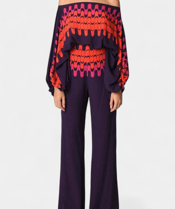 Artistic Print Off-the-Shoulder Top and Wide-Leg Pants Set by Sybella