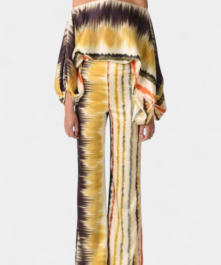 Artistic Print Off-the-Shoulder Top and Wide-Leg Pants Set by Sybella