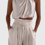 Helira Minimalist Set: Tailored Top with Pleated Palazzo Trousers