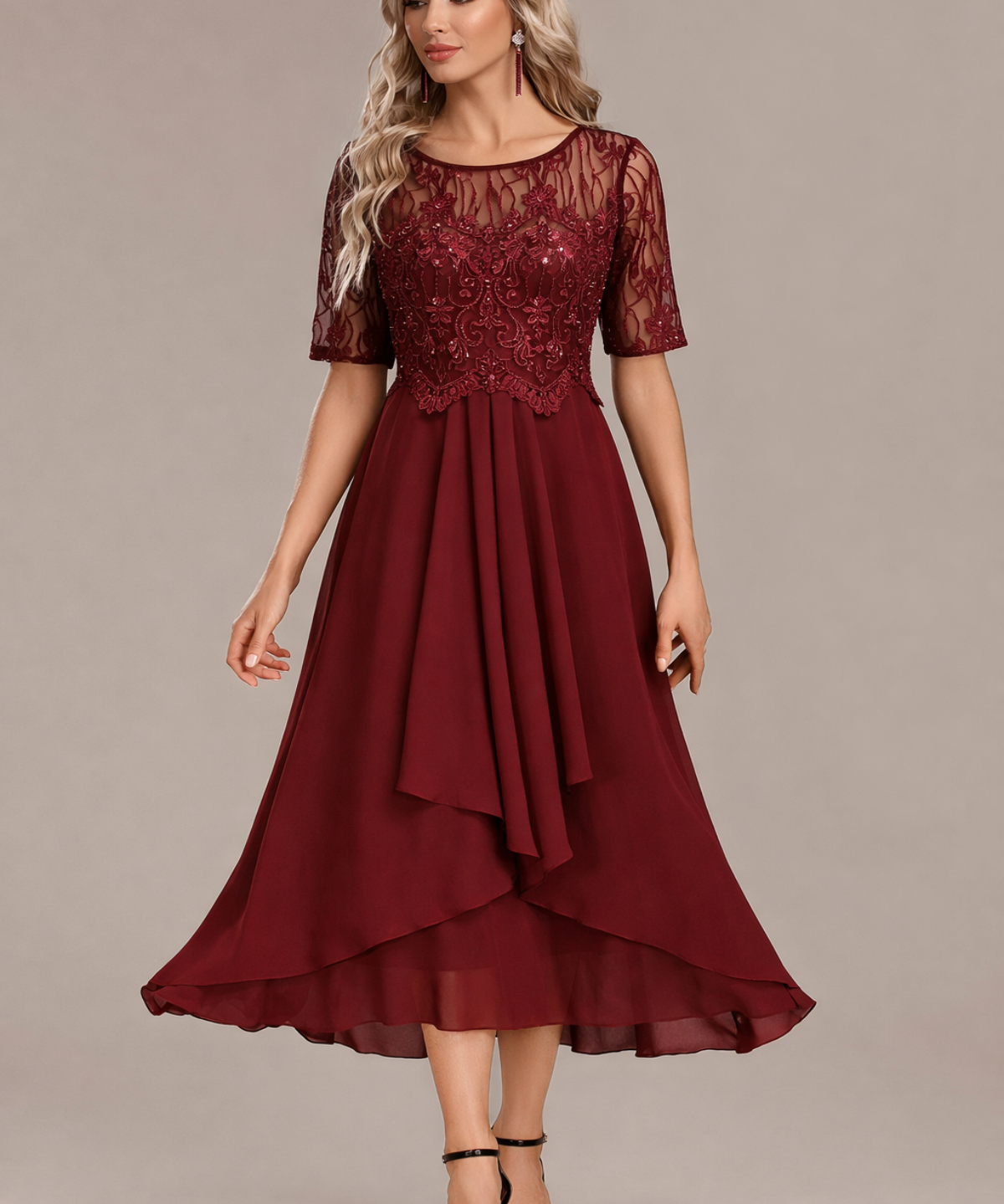 Sophie | Navy Lace Short Sleeve Round Neck Midi Dress